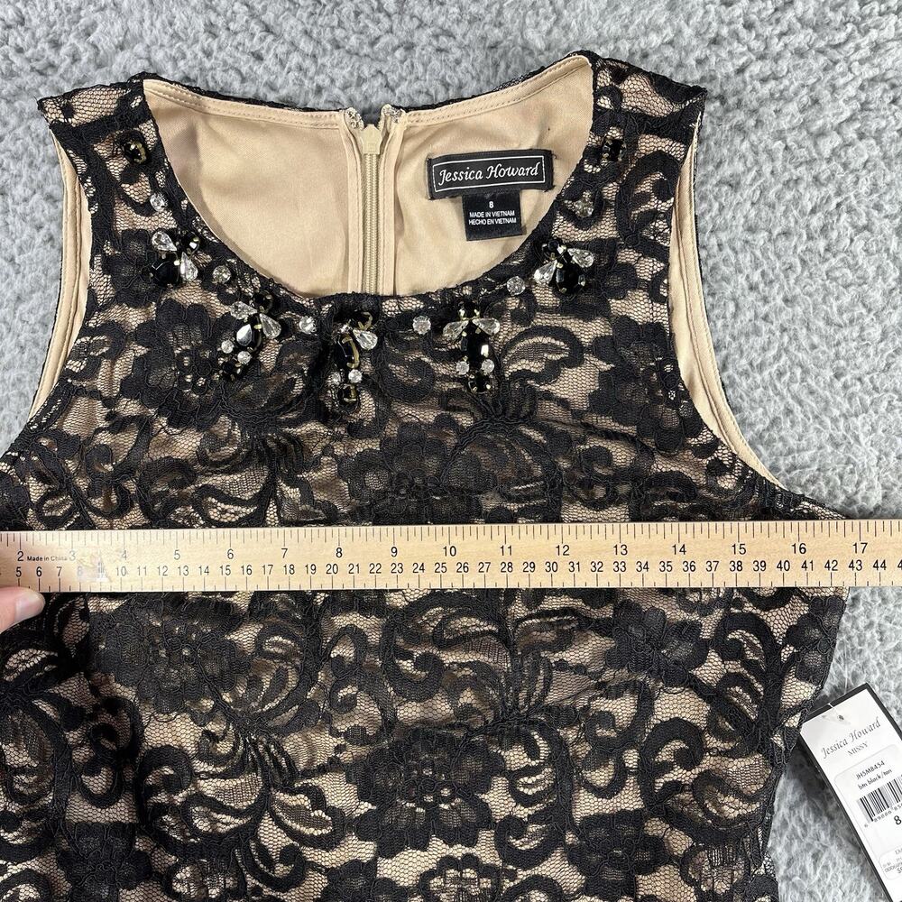 Jessica Howard Dress 8 NWT Black Lace Tan Lining Beaded Neckline Sheath JH5M8454 - Picture 8 of 13